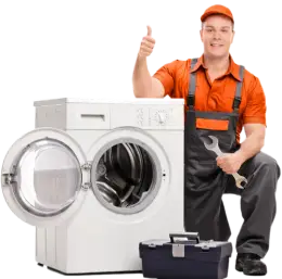  A man wearing an orange T-shirt with an orange cap and black pants sitting beside a washing machine whit a toolbox, holding wrench one hand and showing thumps up