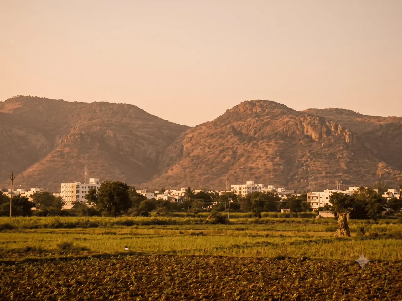 Coimbatore's cityscape against the rocky foothills of the Western Ghats