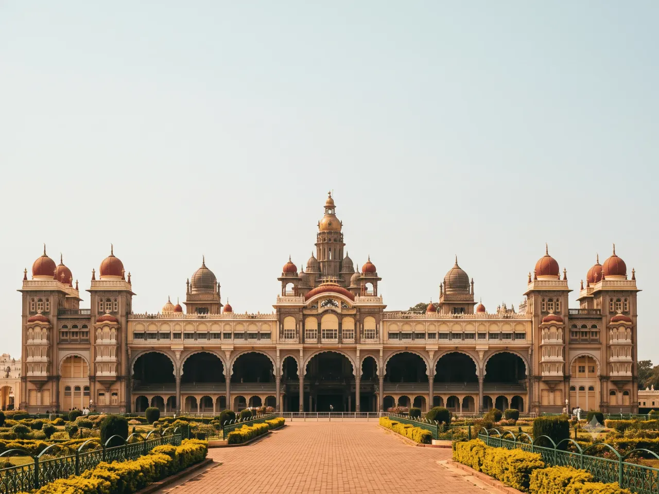 Mysore Palace facade with its domes and arches in daylight