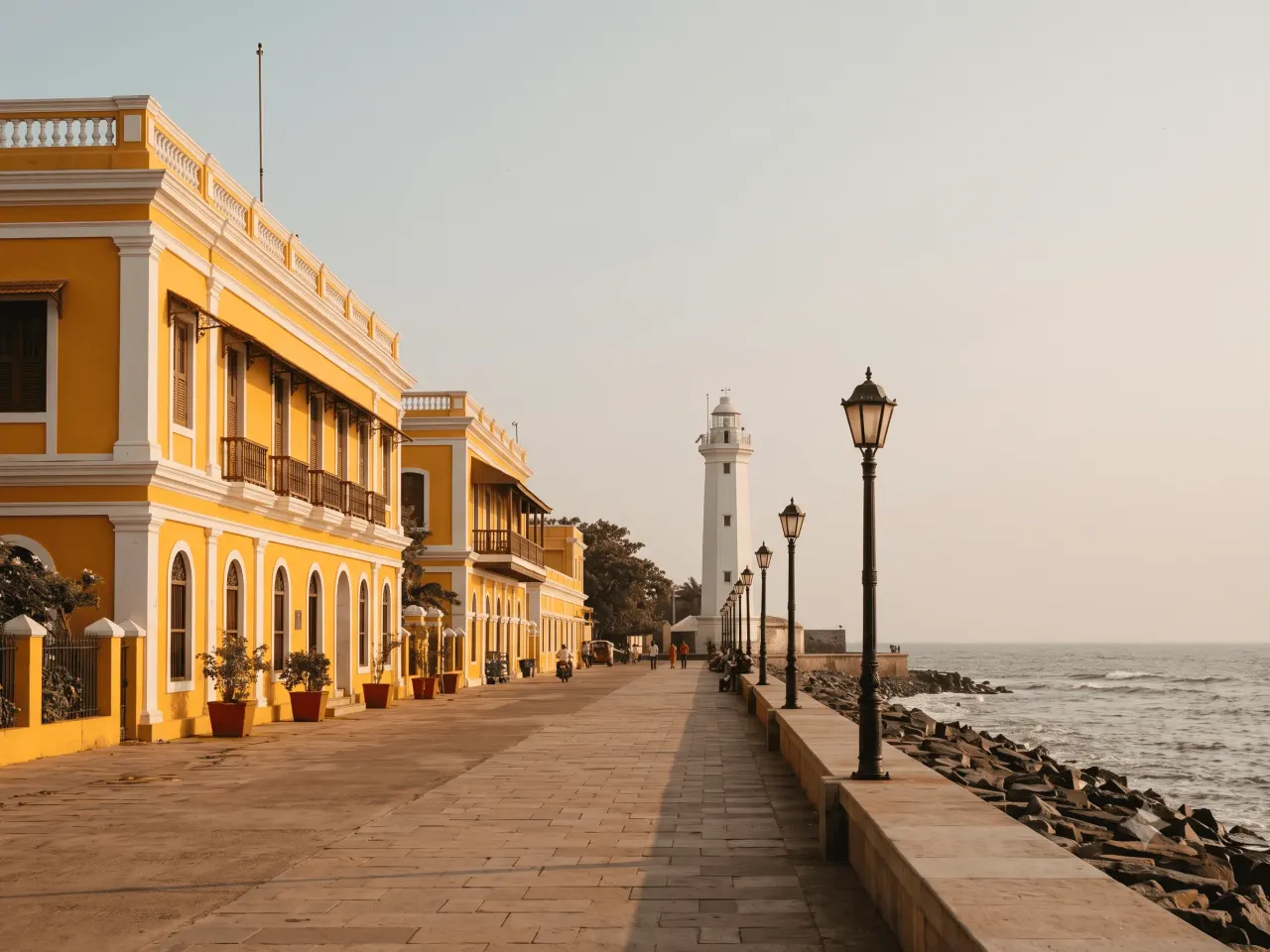 Pondicherry's French Quarter promenade with yellow colonial buildings