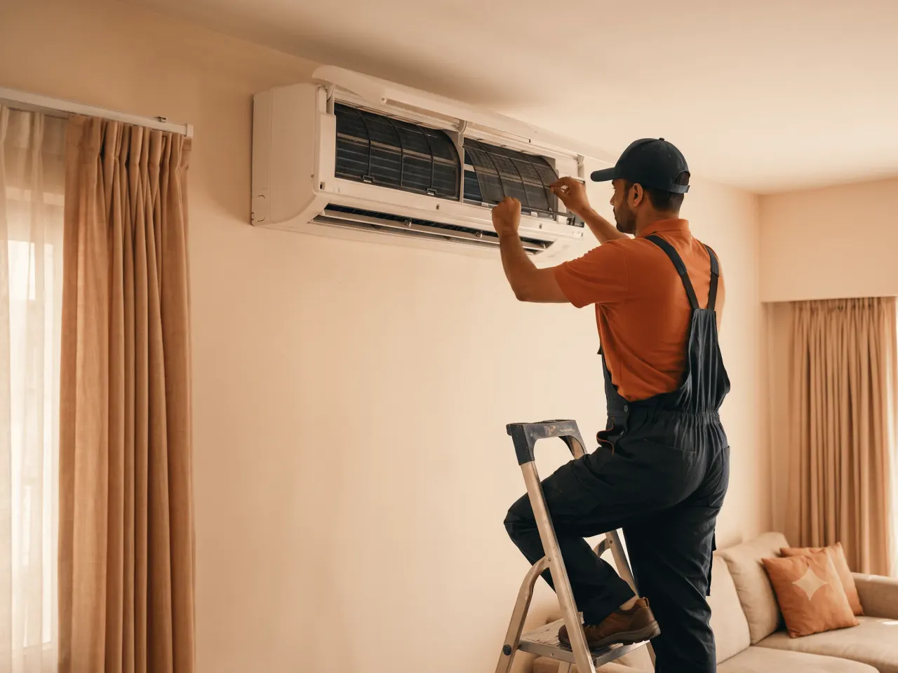Technician on a step ladder servicing a wall-mounted split AC indoor unit